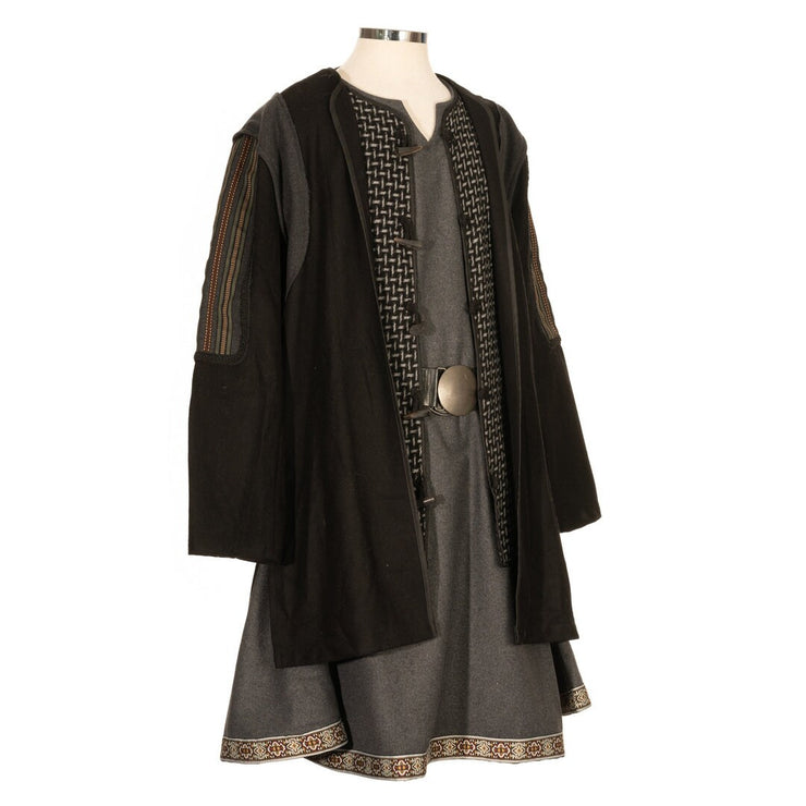 LARP Tunic with Ornate Panels and Braiding - Black & Grey Wool