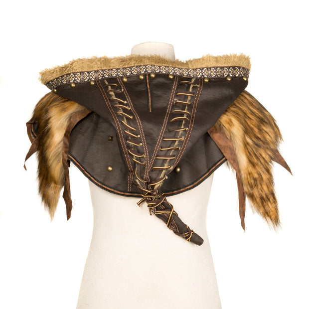 Ornate Faux Leather Hood And Vambrace Set (Brown)