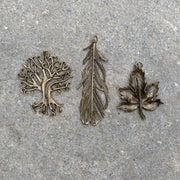Pendant - Tree, Leaf And Feather (Antique Brass - Pack Of 3)