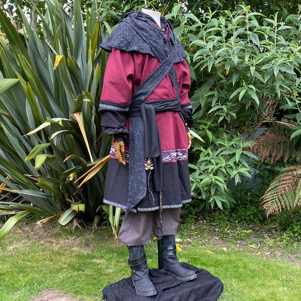 LARP Essential Basic Outfit 4 Pieces - Tunic, Hood, Trousers, Sash (Red & Grey)
