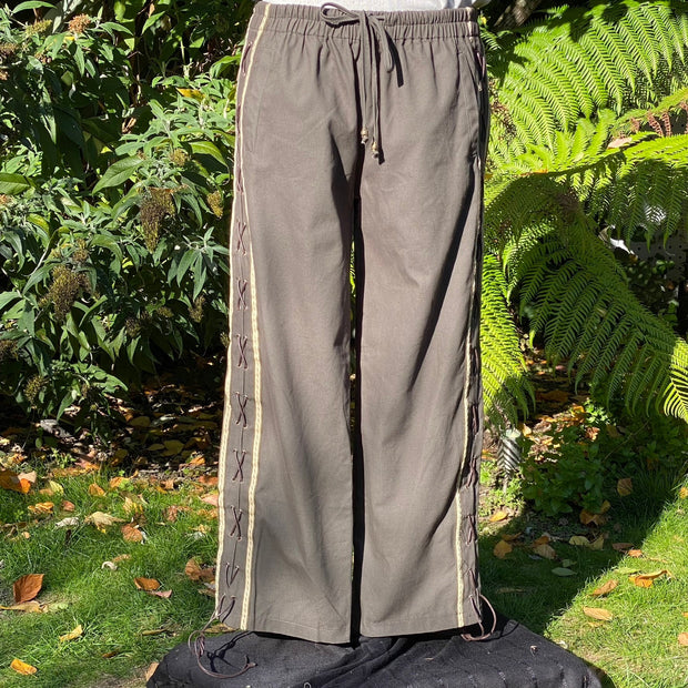 LARP Straight Leg Trousers with Side Lace and Braiding (Green Grey Cotton)