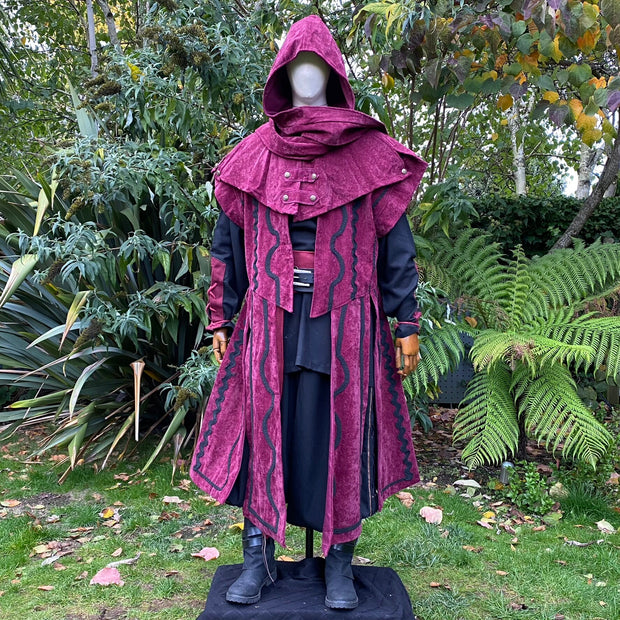 LARP Outfit 2 Piece Set - Suede Effect Panel Waistcoat, Hood (Red)
