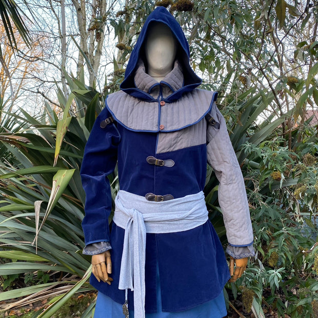 LARP Outfit 3 piece set - Gambeson Jacket, Gambeson Hood, Linen Tunic, Suede Effect (Blue & Grey)