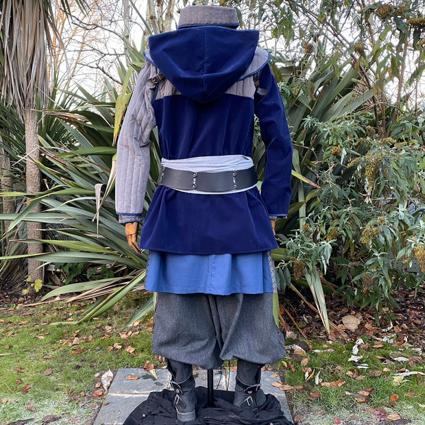 LARP Outfit 3 piece set - Gambeson Jacket, Gambeson Hood, Linen Tunic, Suede Effect (Blue & Grey)