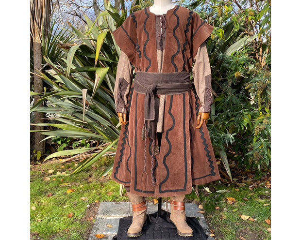 LARP Suede Effect Pannell Waistcoat with Ornate Braiding - Brown