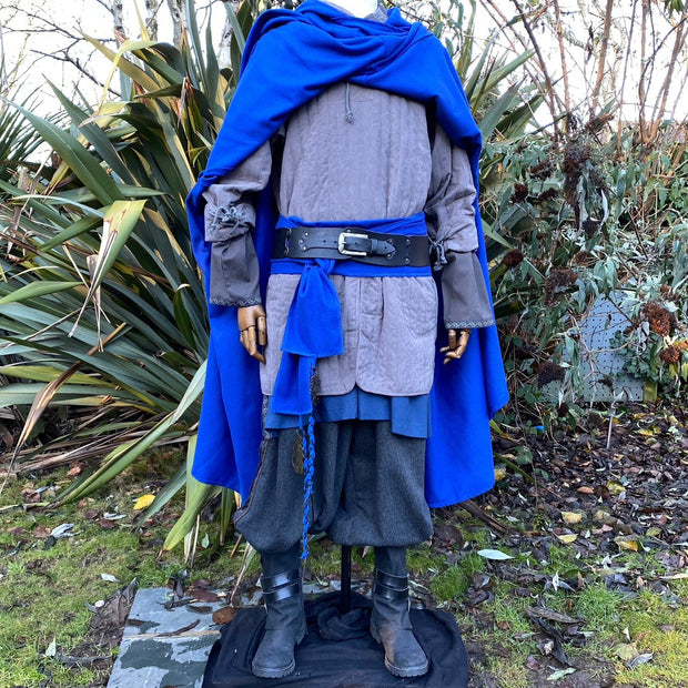LARP Outfit 5 pieces - 4 Way Cloak, Gambeson, Tunic and Hero Pants - Blue & Grey